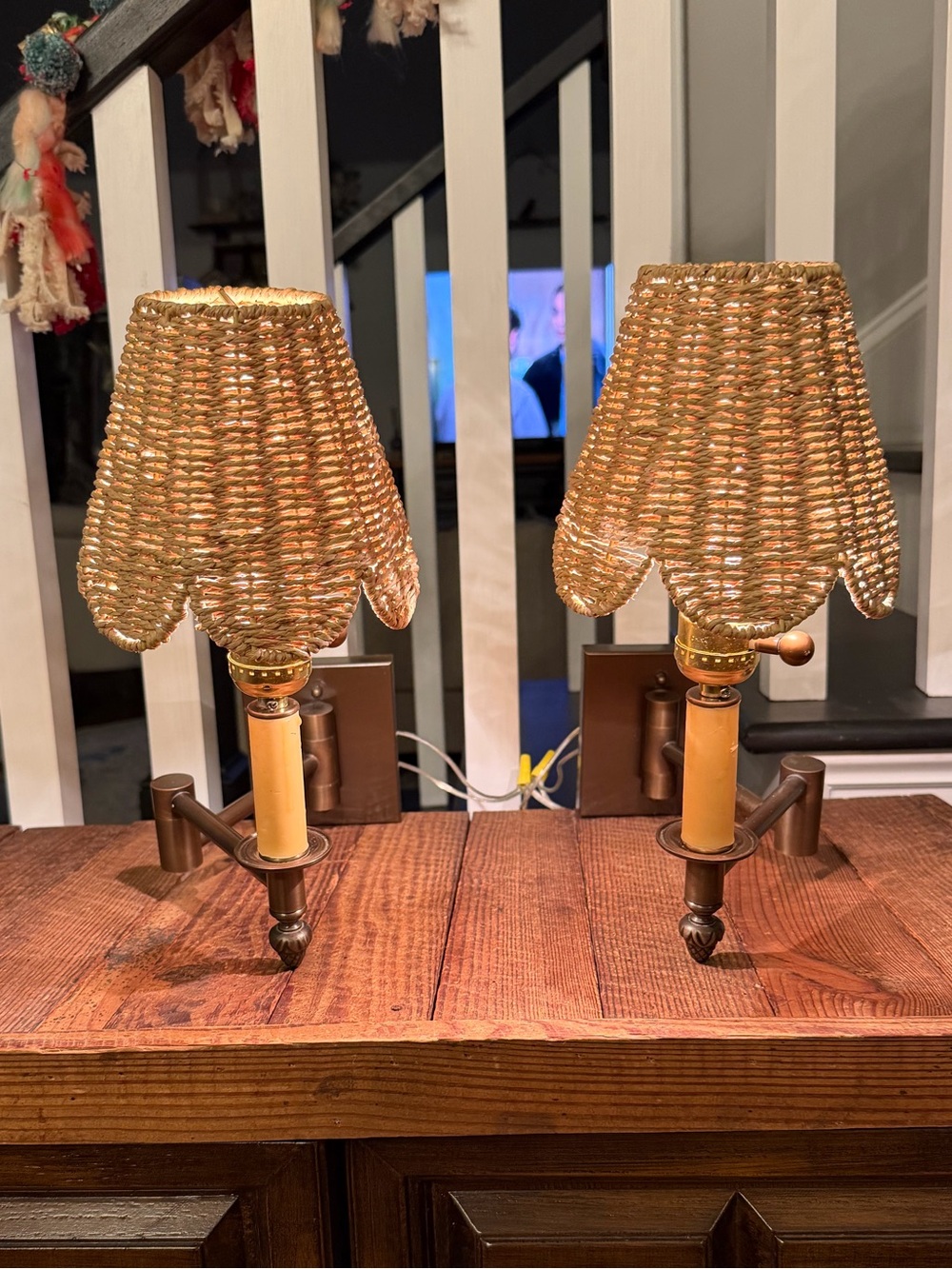 Pair of BOHO Wicker Shade Wall Sconces in Bronze-tone